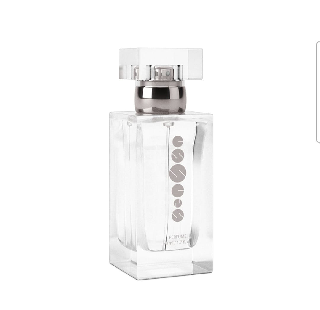 Clear glass bottle with a silver collar and silver lettering