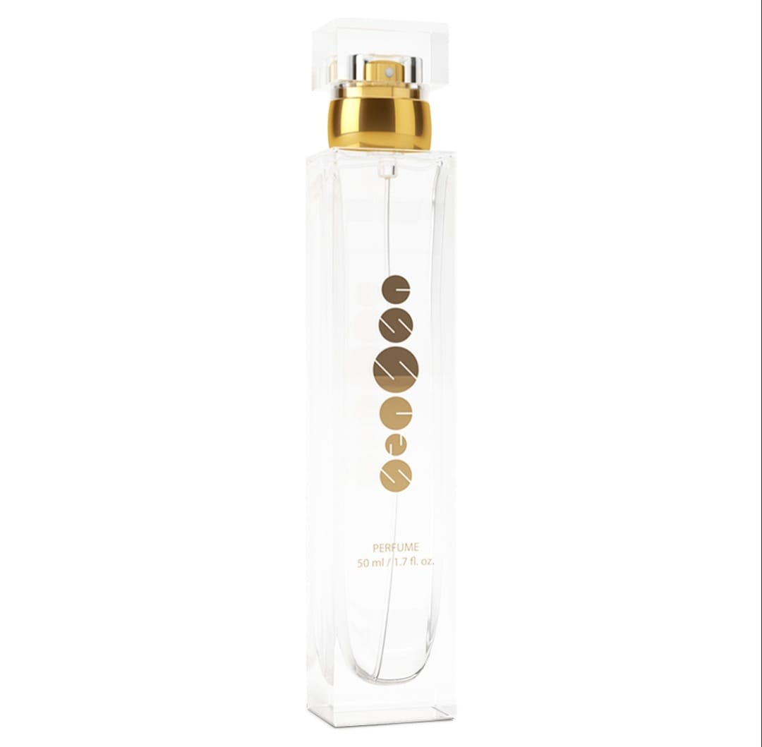 Clear glass bottle with a gold collar and gold lettering